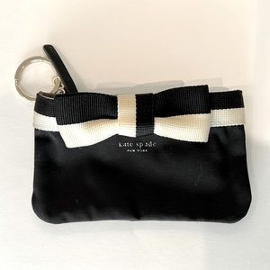 Kate Spade black fabric coin purse w/key chain, silver gusset & interior.